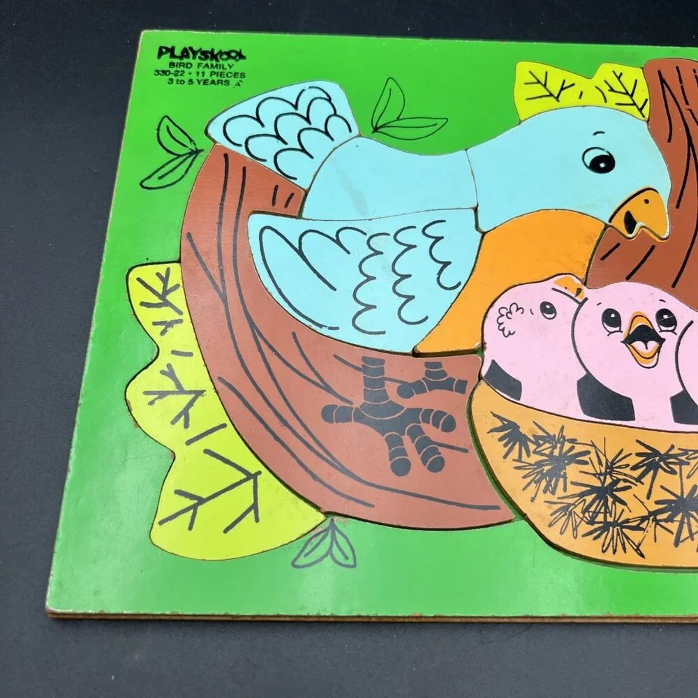 Vtg 70s PLAYSKOOL BIRD FAMILY 330-22 wood puzzle Green